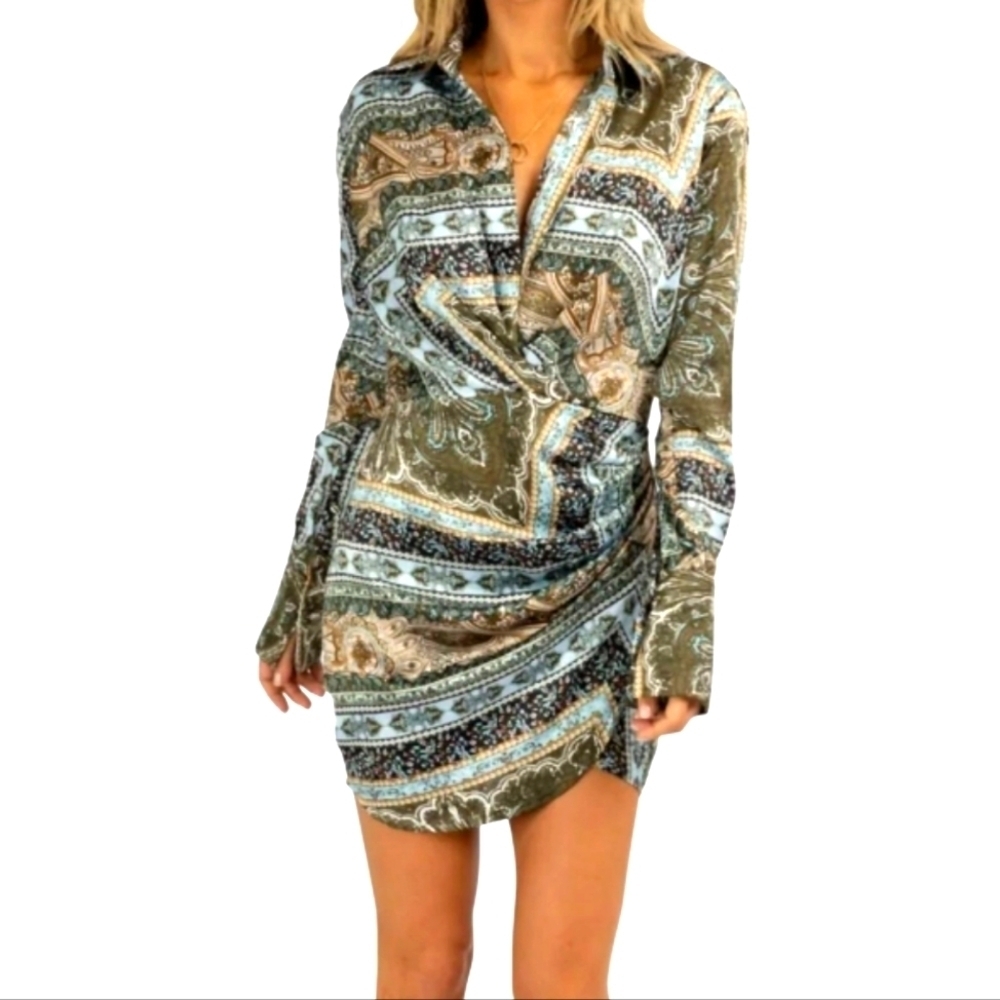 Luxxel Women Paisley Green Blue Multicolr Satin Collared Mini Dress Size Medium
